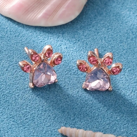 Crystal Pink Cat Dog Paw Earrings - Picture 2 of 7